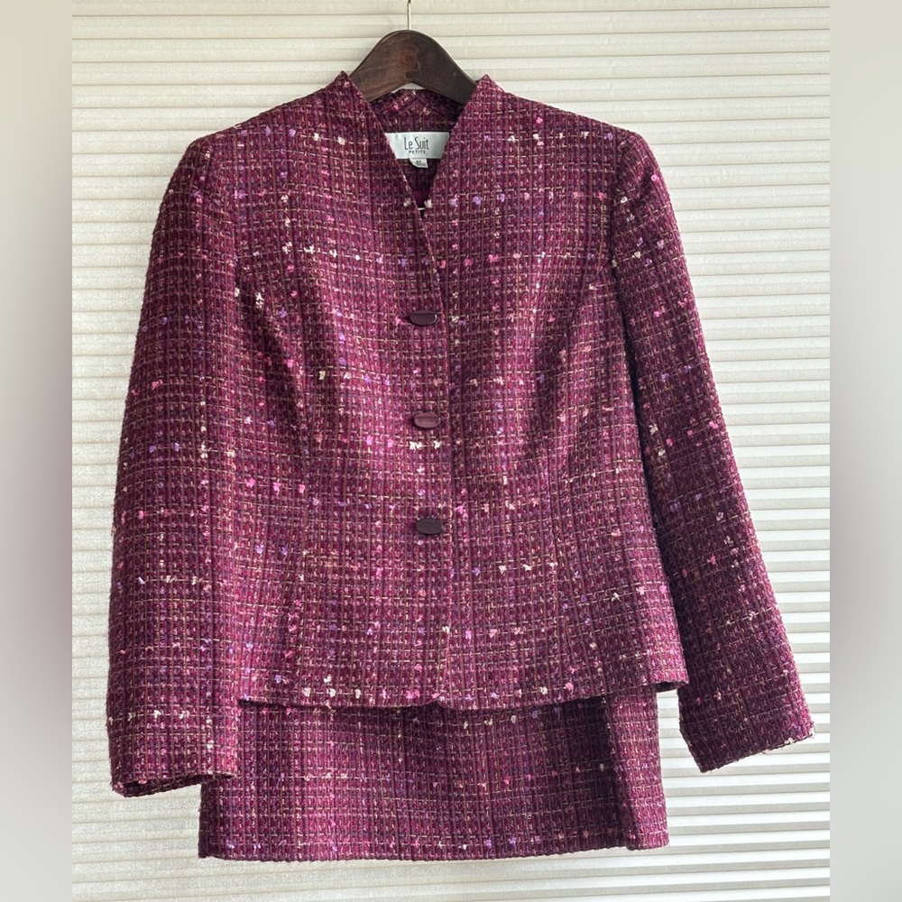 Women’s LeSuit Purple Tweed 2pc Skirt Suit, Size 8P Clueless